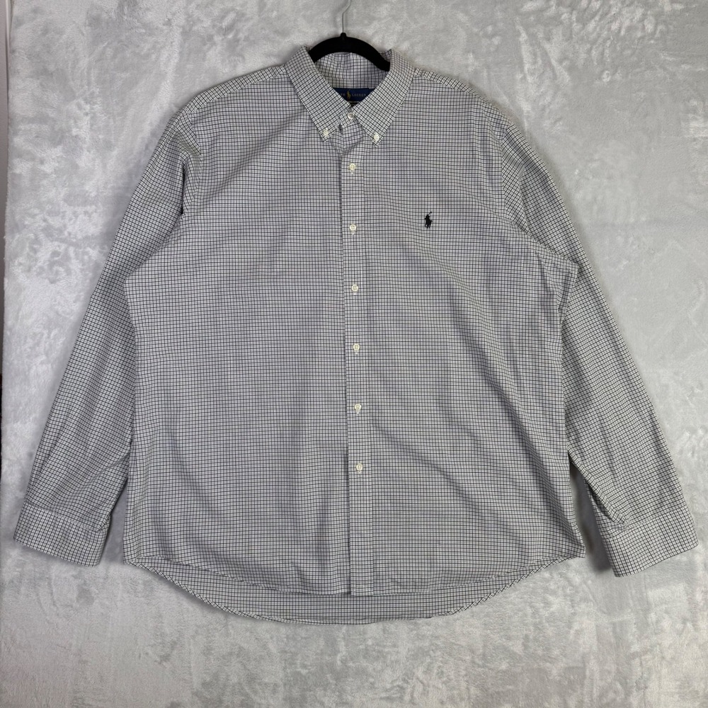 Ralph Lauren Button Down Shirt Mens XXL Blue White Micro Check Cotton Stretch